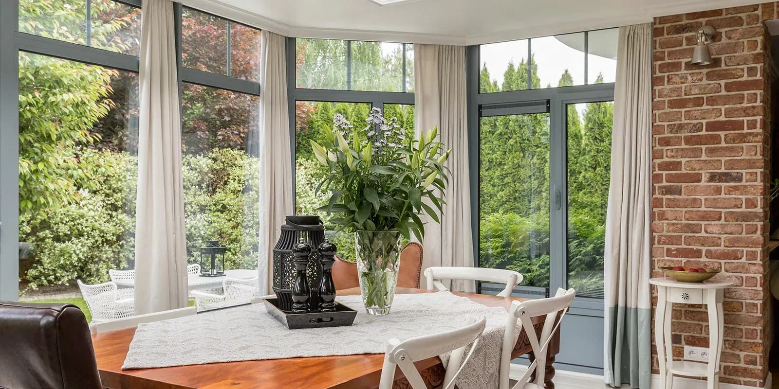 Dining room with floor length windows