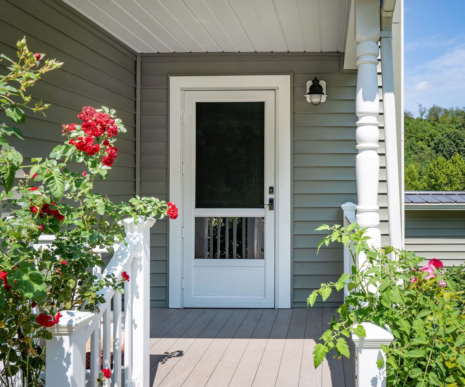 Deluxe white storm door on pale green house